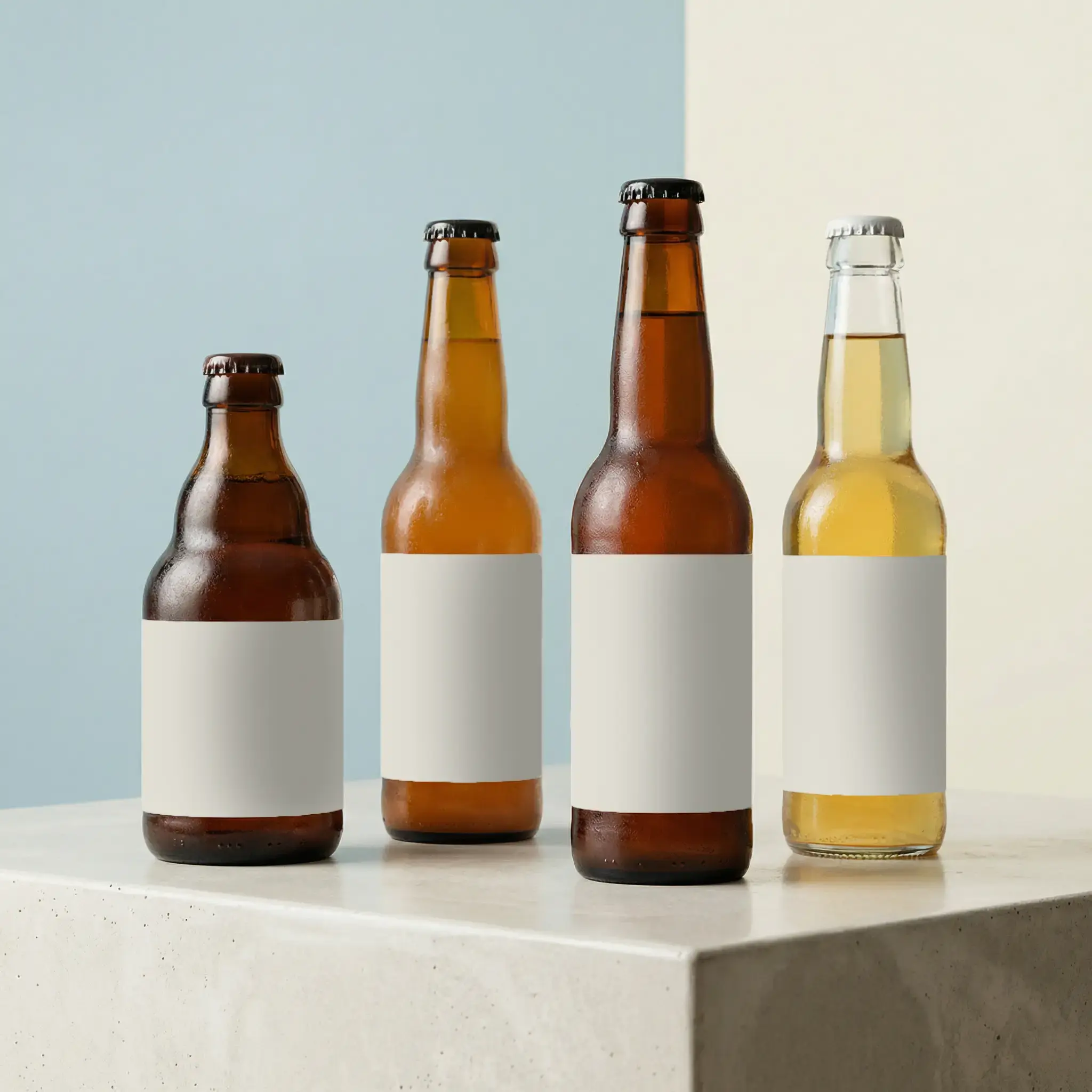 Von der Idee zur Marke: Flexible Lohnbrauung für innovative Start-ups. Verschiedene Flaschenformen und Designs für Getränke-Start-ups, die ihr eigenes Bier marktreif machen wollen.