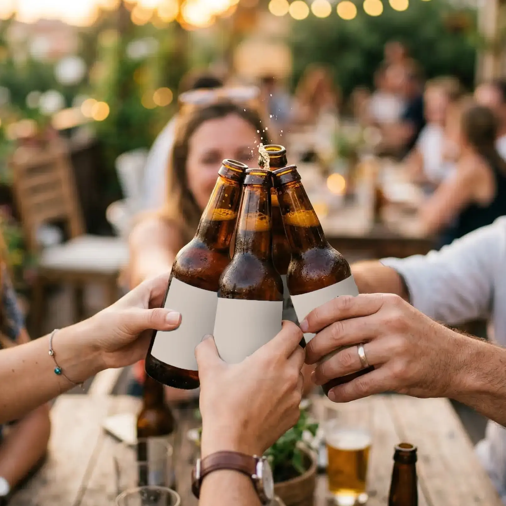 Für die Gemeinschaft: Ein eigenes Bier für Ihren Verein oder Ihr Event. Vier Bierflaschen beim Anstoßen – ideal für Vereine, Feste und Events mit eigenem Vereinsbier.