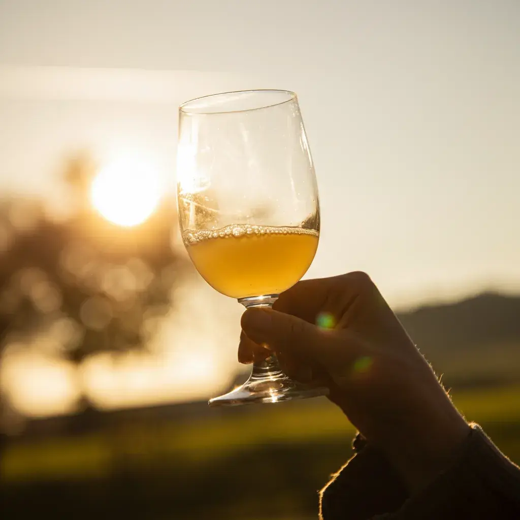 Ein Glas spritziger Cider mit Kohlensäure-Perlen, beleuchtet von der Abendsonne – das Ergebnis einer individuellen Getränke-Rezeptur bei bimalo.