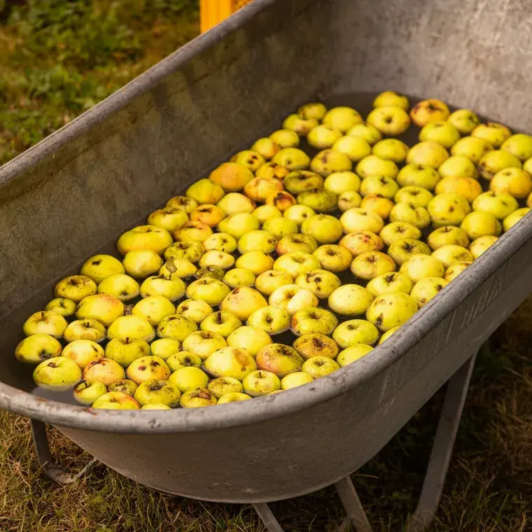 Frisch geerntete, regionale Äpfel in einer Schubkarre auf einer Streuobstwiese, bereit für die MADL Mostproduktion.