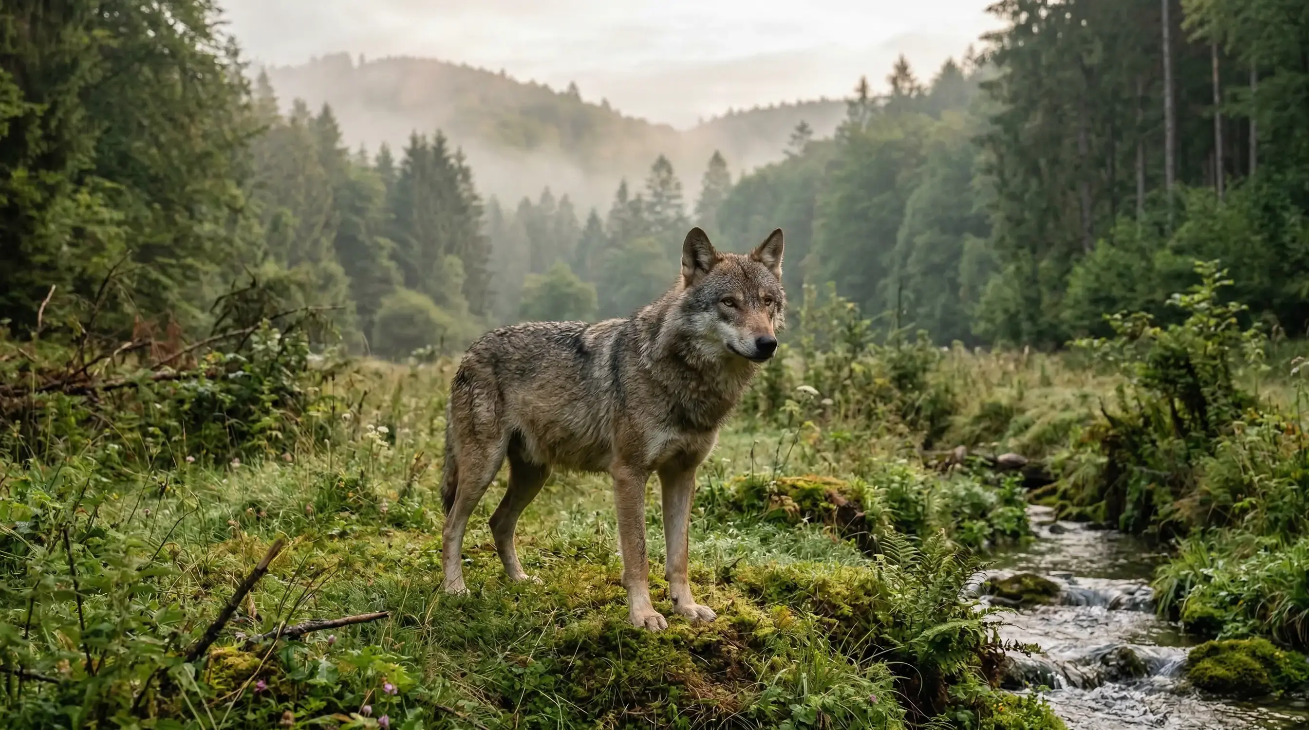 Wo der Wolf zu Hause ist: Der Ursprung unseres Bieres im reinen Urgesteinswasser. Ein majestätischer Wolf steht an einem klaren Bachlauf im dichten Wald, Symbol für die Reinheit des Urgesteinswassers im Wolfsegger Bier.