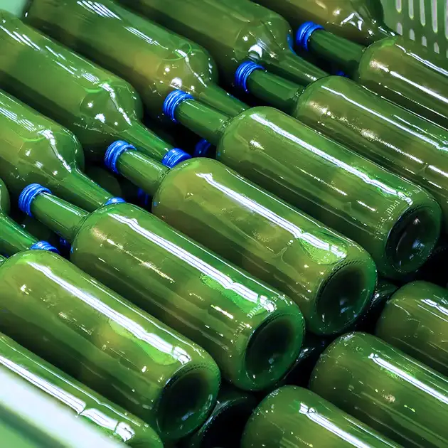 Eine Auswahl fertig gefüllter grüner Glasflaschen bei bimalo, die die Vielfalt der abfüllbaren Getränkesorten zeigt.