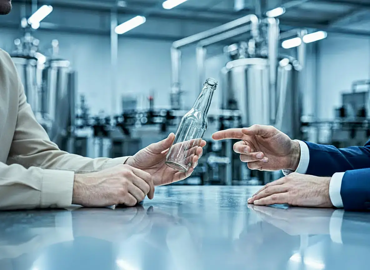 Ihre Idee im Fokus: Wir planen Ihr Getränkeprojekt von Anfang an gemeinsam. Symbolische Nahaufnahme von zwei sprechenden Händen vor einer Abfüllanlage und Flasche bei bimalo – Beginn der gemeinsamen Planung.