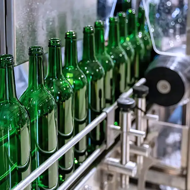 Reihe grüner Glasflaschen auf dem Förderband bei bimalo, Symbole für strukturierte Produktionsprozesse und strenge Hygienestandards.