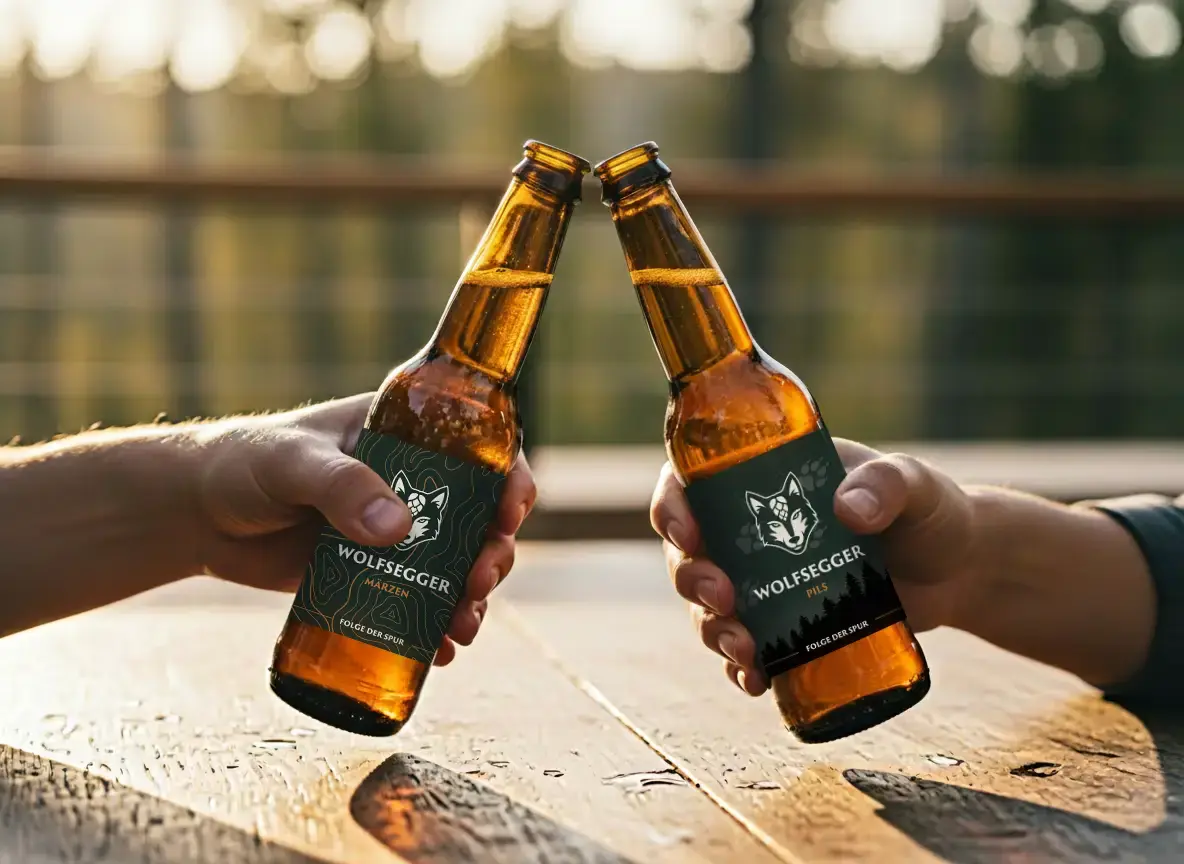 Auf die guten Zeiten: Prost mit einem ehrlichen Wolfsegger Bier! Nahaufnahme von zwei gekühlten Wolfsegger Bierflaschen, die im Freien anstoßen (Prost), umgeben von einer fröhlichen Atmosphäre.